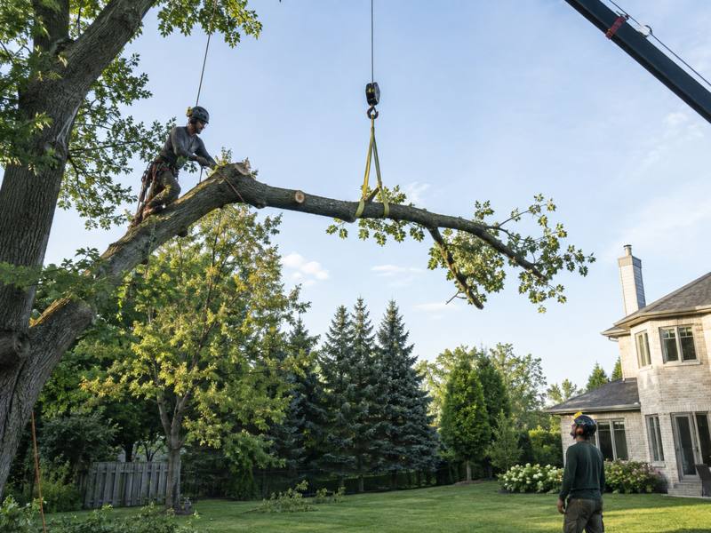An Agincourt Tree Service crew member lowering a large cut branch
