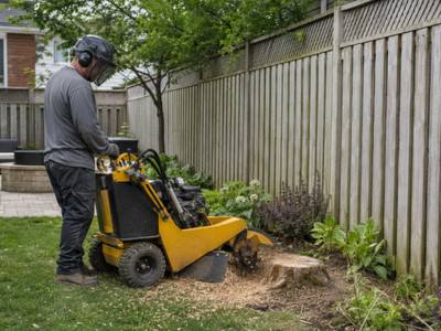 Stump grinder working through a wide trunk section