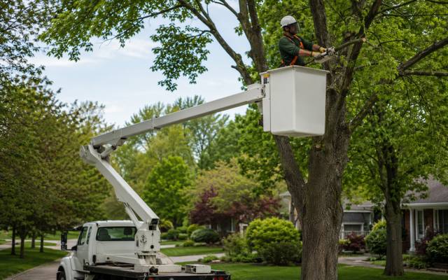 Bucket truck positioned for a storm-damage call