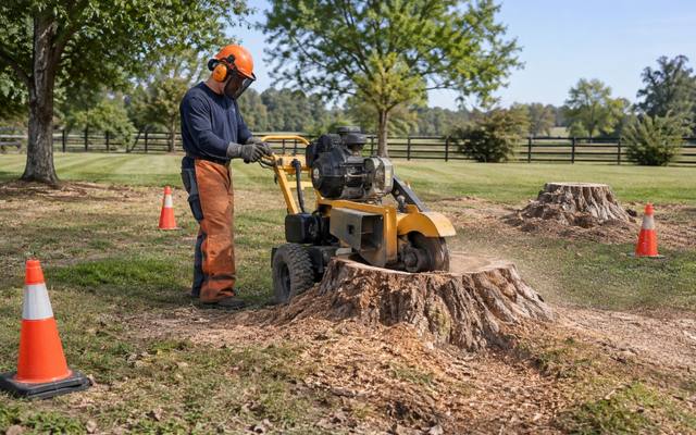 Stump grinder cutting through a wide trunk section